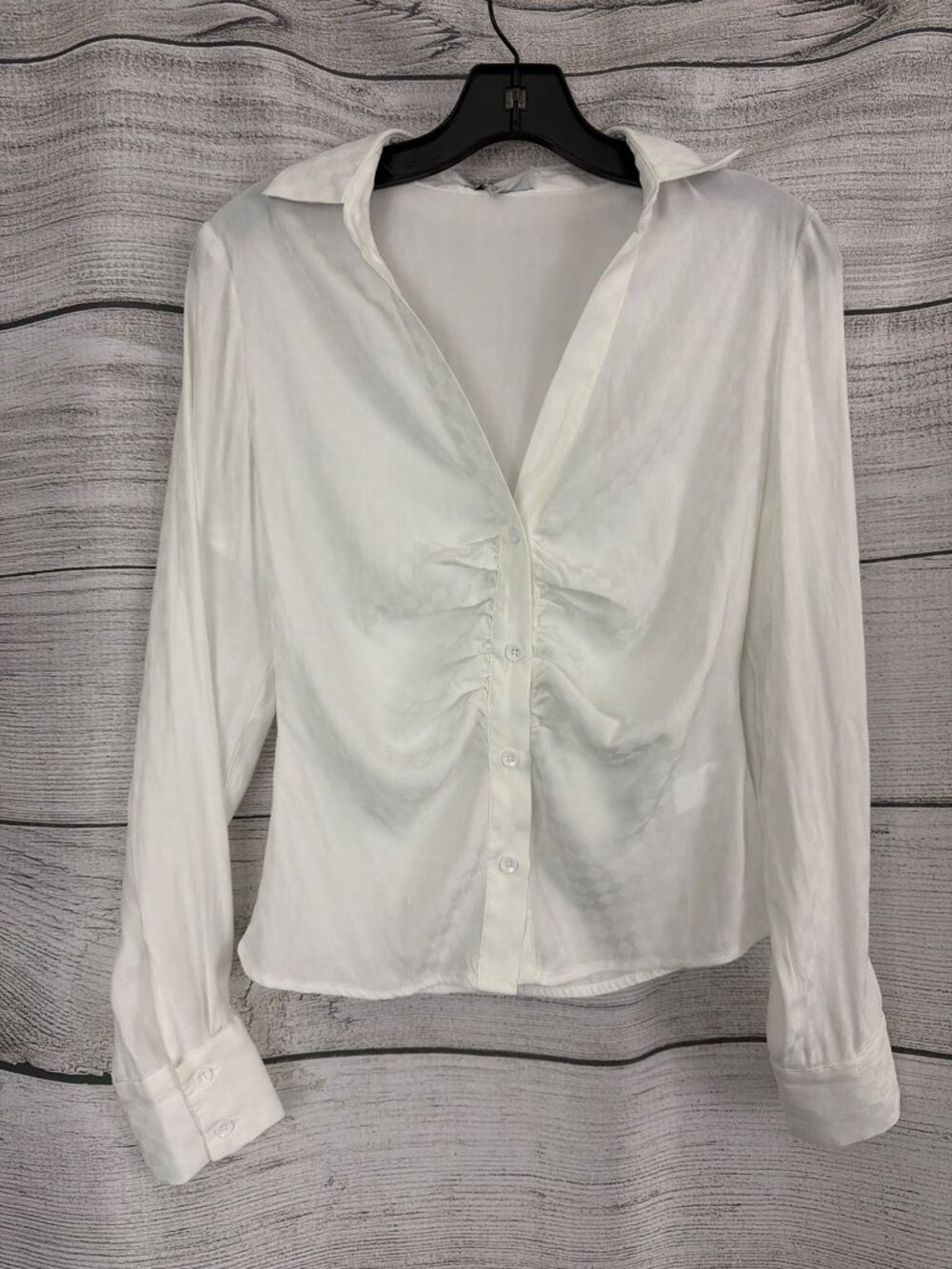 Fate Button-Up Shirt With Ruched Front & Checkered Texture Size S